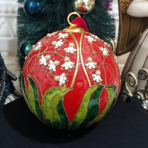 Vintage Cloisonné Enamel Floral Christmas Ornament Balls Leaves Pearls - Red & G - Picture 1 of 6